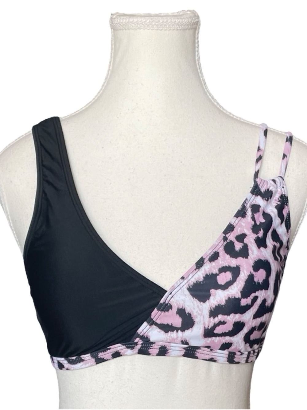Contrast Leopard Print & Solid Black Swimsuit Top With Asymmetrical Straps